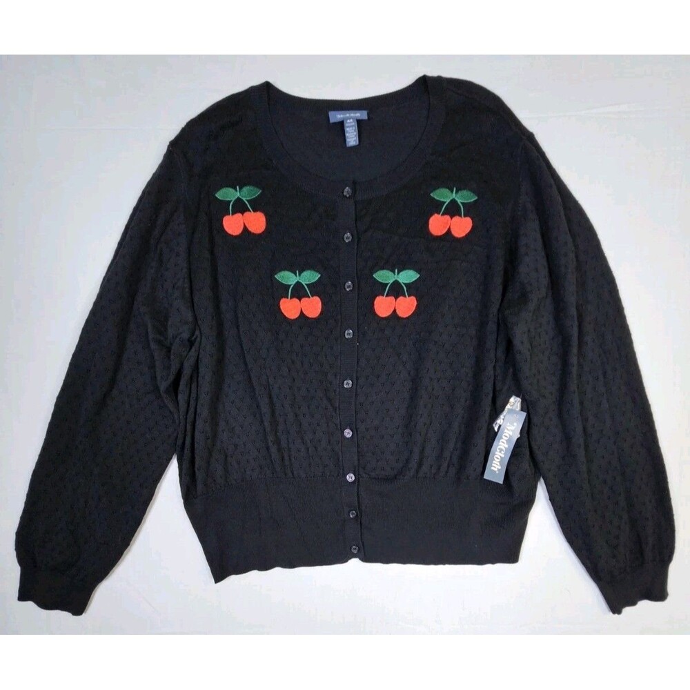 ModCloth Cardigan Women's 4X Black Cherries Sweater Pinup Retro Embroidered NEW